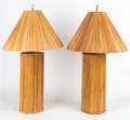 A Pair of Hexagonal Rattan Base Table Lamps with Matching Shades