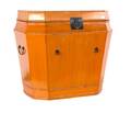 A Large Orange Painted Hinged Top Trunk with Metal Mounts