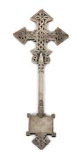 An Etched Silvered Metal Celtic Cross Desk Ornament