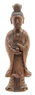 A Carved Wood Figure of a Standing Guanyin
