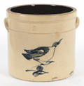 Threegallon stoneware crock with cobalt bird decoration