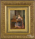 Oil on panel interior scene with a young woman and a parakeet