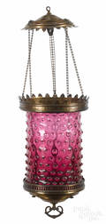 Victorian hanging light with a ruby hobnail glass shade