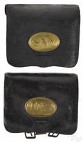 Two Civil War musket leather cartridge boxes