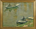 Oil on canvas seascape of two fishermen in boats