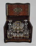 Victorian cordial set with a burl veneer and inlaid case