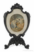 Victorian ebonized screen with a printed and embroidered panel