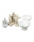 A PAIR OF LARGE BLANCDECHINE CUPS AND A GROUP OF THREE BLANCDECHINE FIGURES