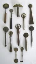 Eleven brass wrought iron and carved wood pie crimpers 19th c