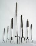 Six wrought iron 2tine flesh forks 19th c