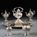 Fivepiece Silver Presentation Tea Set with an Associated Plated Tray
