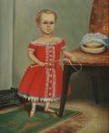 American School 19th Century Portrait of a Child Wearing a Red Dress and Holding a Riding Crop