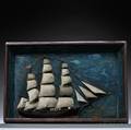 Carved and Painted Wooden Ship Diorama