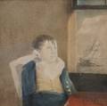 American School 19th Century Portrait of a Schoolboy Seated Beside a Window a Ship Heading Out to Sea