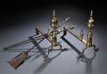Brass and Iron Faceted Belted Lemontop Andirons with Two Matching Tools