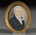 American School 19th Century Portrait Miniature of a Gentleman Wearing a Blue Coat with Brass Buttons