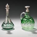 Two Sterling Silvermounted Green CuttoClear Glass Decanters