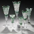 Six Green CuttoClear Trumpetform Glass Vases