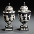 Pair of Wedgwood Black and White Jasper Dip Vases and Covers