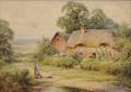 British School 19th20th Century Three Watercolors of Village Scenes Albert Caussin Donkey Cart by Row Houses