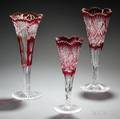 Three American Cranberry CuttoClear Glass Trumpetform Vases
