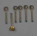 Set of Six Russian Goldwashed and Enameled Silver Egg Spoons