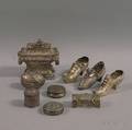 Nine Small Mostly Silver Containers and Decorative Shoes