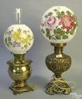 Two cast and brass fluid lamps with handpainted shades