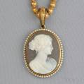 Etruscan Revival 14kt Gold Bead Necklace and Hardstone Cameo Pendant