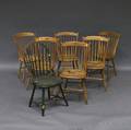 Set of Six Yellowpainted Stepdown Windsor Side Chairs and a Bowback Windsor