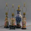 Three Rose Medallion Converted Lamps and a Blue and White Lamp