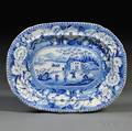 Blue and White Transferdecorated Oblong Platter with Oriental Scene
