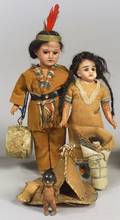 Two German Bisque Socket Head Indian Dolls AllBisque Baby and Teepee
