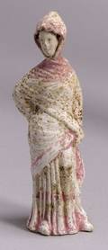 Greek Polychrome Painted Terracotta Standing Figure of a Veiled Young Woman