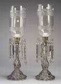 Pair of Colorless Mold Blown Single Light Mantel Lustres with Hurricane Shades
