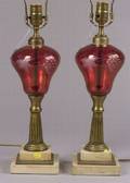 Pair of Cranberry Flash Glass Oil Lamps
