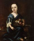 AngloContinental School 18th Century Style Portrait of a Girl in Blue Seated and Holding a Basket of Flowers