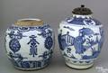 Two Chinese export porcelain ginger jars 19th c 8 h and 9 14 h together with a blue and white export bowl 5 14 h 10 34 dia