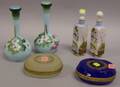 Pair of Opaline Glass Bottles Two Glass Trinket Boxes and a Pair of Floral Decorated Bristol Glass Scent Bottles
