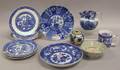 Six English Blue and White Transfer Decorated Plates a Mug Bowl and Pitcher and a Chinese Blue and White Decorated Ceramic Jar and
