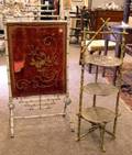 Painted Victorian Aesthetic Bambooturned Firescreen with Embroidered Velvet Panel and a Painted Bambooturned ThreeTier Muffineer