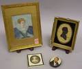 Two Framed Miniature Portraits a Miniature Portrait Decorated Pincushion and a Framed Silhouette