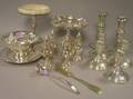 Three Pairs of Sterling Silver Candleholders a Set of Four Shakers Two Compotes a Bowl with Undertray and a Knife and Ladle