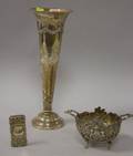 Sterling Silver Trumpet Vase a Dutch Repousse Silver Open Sugar and a Match Safe