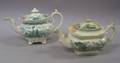 Two English Teal Green Scenic Transfer Decorated Staffordshire Teapots