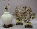 Pair of Asian Hardstone Ornamental Trees and a Chinese White Glazed Ceramic Jar Table Lamp