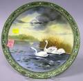 Nippon Handpainted Swans at Dusk Scenic Decorated Porcelain Plaque
