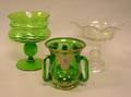 Enamel Decorated Green Glass Loving Cup a Green and White Art Glass Compote and a Colorless Pressed Glass Compote