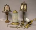 Two Cast Metal and Slag Glass Boudoir Table Lamps and a Turkishstyle Brass and Opalescent Glass Hanging Lamp