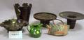 Four Asian Bronze Planters a Ceramic Creamer and Gooseform Teapot and a Brocade Carrying Case